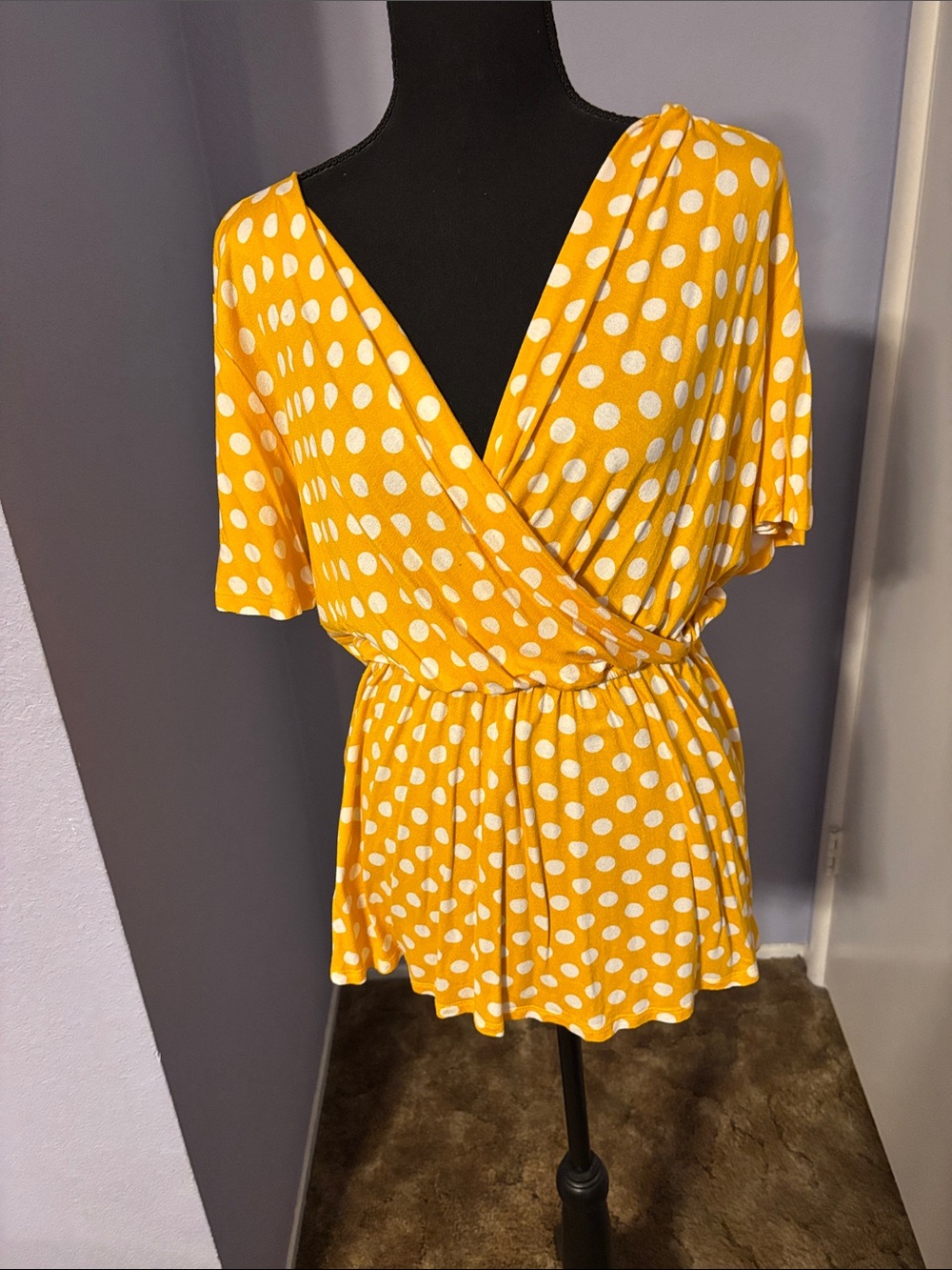 Lane Bryant Yellow and White Polka Dot Wrap-Front Tunic